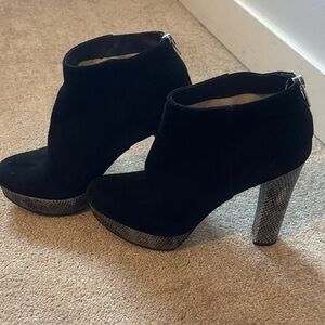 Michael Kors Black Suede Ankle Booties with Snake-Print Platform Heel